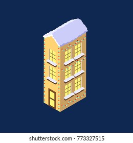 Isometric vector letter i yellow on blue winter chrismas house in shape of letter i