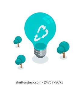 isometric vector light bulb with recycle icon, in color on white background, green energy or eco-friendly electricity