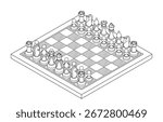 Isometric vector line art of a full chessboard with all pieces