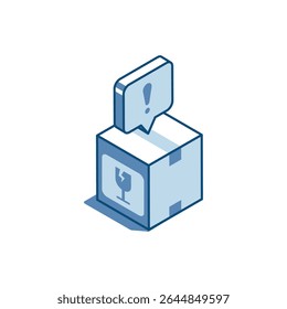 Isometric vector linear icon of the box with a sticker a glass and a text bubble with an exclamation, in color on a white background, a postal package with a fragile load