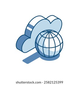 isometric vector linear icon cloud and globe, in color on white background, cloud storage on the internet