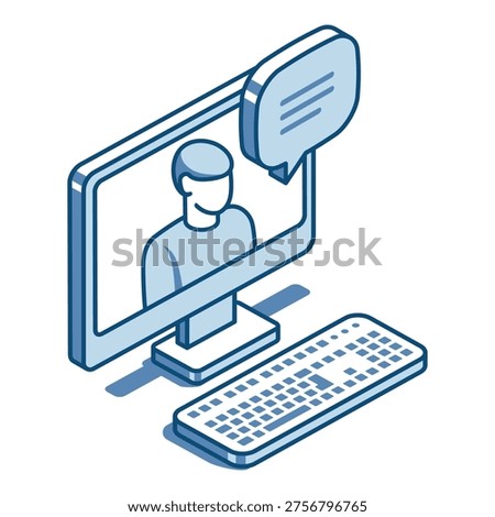 Isometric vector linear icon of computer and person on screen with text bubble, in color on white background, chat or online communication