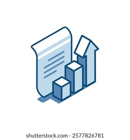 isometric vector linear icon of document and chart, in color on white background, statistics and finance