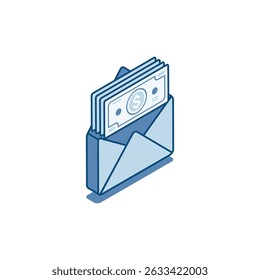 isometric vector linear icon of envelope and dollar bills, in color on white background, salary or payment