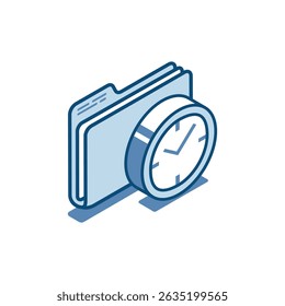 isometric vector linear icon folder and clock, in color on white background, temporary folder or time work