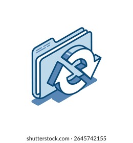 Isometric vector linear icon of the folder with documents and arrows walking in a circle, in color on a white background, work with documentation and computer