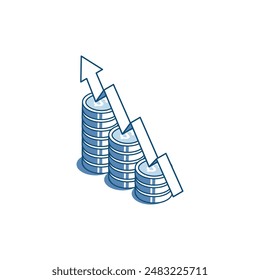 isometric vector linear icon in the form of a chart of coins and an up arrow, in color on a white background, financial growth or increase in income