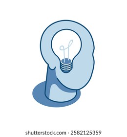 isometric vector linear icon head with light bulb, in color on white background, creative idea or thinking