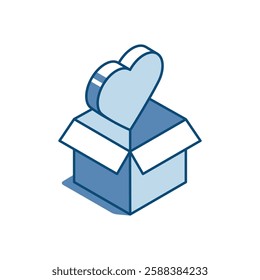 isometric vector linear icon of heart and open box, in color on white background, donations and charity