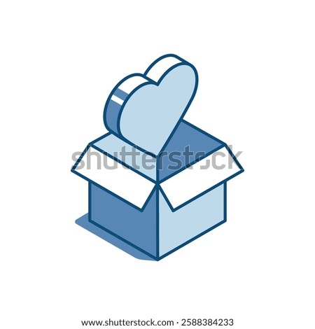 isometric vector linear icon of heart and open box, in color on white background, donations and charity