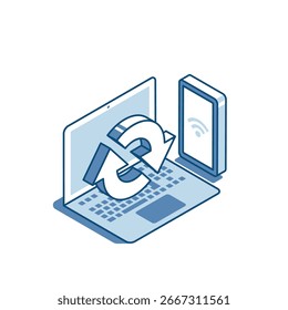Ícone linear de vetor isométrico de laptop e smartphone com setas circulares, em cor sobre fundo branco, sincronização de dispositivos ou transferência remota de dados