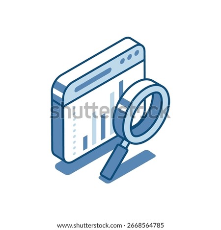 Isometric vector linear icon of magnifying glass and program window with chart, in color on white background, financial analytics or work with statistics