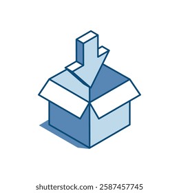isometric vector linear icon open cardboard box and down arrow, in color on white background, cargo loading or packaging