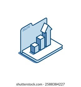 isometric vector linear icon open folder and chart with arrow, in color on white background, financial growth or statistical data analysis