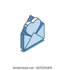 isometric vector linear icon of open envelope and heart inside, in color on white background, personal message from loved one or congratulation