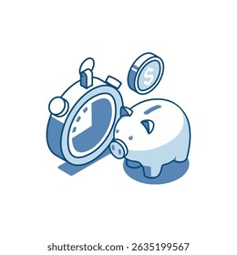 isometric vector linear icon of piggy bank and stopwatch, in color on white background, deposit or bank savings