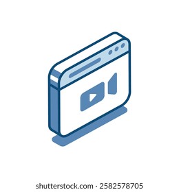 isometric vector linear icon of program window with video camera, in color on white background, media or video player