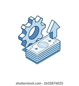 isometric vector linear icon of stack of money and gear with arrow up, in color on white background, financial growth or income increase