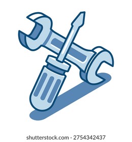 Isometric vector linear icon of a wrench and screwdriver, in color on a white background, repair of equipment and machinery