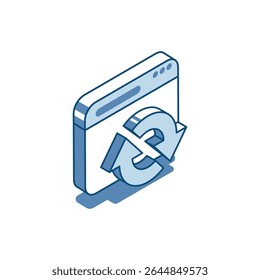 Linha linear de vetor isométrico da janela do programa e setas circulares, em cor sobre um fundo branco, atualizando a página do navegador da Web ou programa