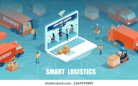 Isometric vector of a logistics distribution centre with workers loading products on the trucks and  logisticians oversee purchasing, transportation, inventory, and warehousing activities 