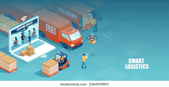 Isometric vector of a logistics distribution centre with workers loading products on the trucks and  logisticians oversee purchasing, transportation, inventory, and warehousing activities 