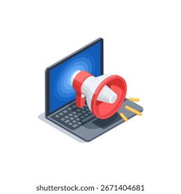 Icono de altavoz de Vector isométrico y computadora portátil, en color sobre fondo blanco, marketing o atracción o publicidad