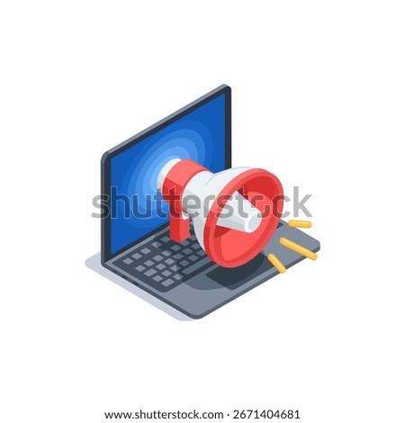 isometric vector loudspeaker icon and laptop, in color on white background, marketing or attraction or advertising