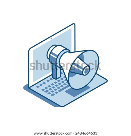 isometric vector loudspeaker linear icon and laptop, in color on white background, marketing or attraction or advertising