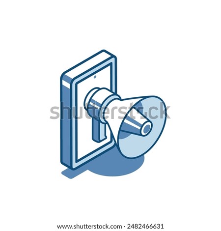 isometric vector loudspeaker on smartphone screen linear icon, in color on white background, marketing or attraction
