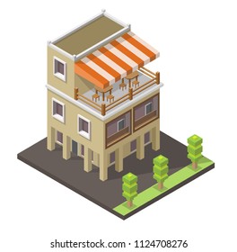 Isometric vector low poly cafe restaurant buildings shop