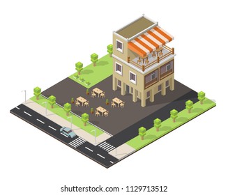 Isometric vector low poly cafe restaurant buildings shop