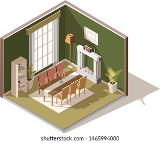 Isometric vector low poly dining room interior.