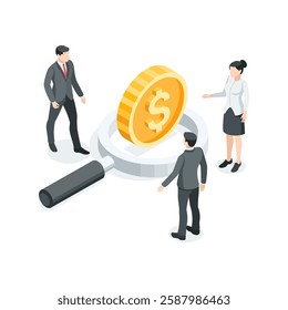 isometric vector magnifying glass and coin with dollar icon and business people, in color on a white background, search for money or investment in business