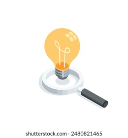 isometric vector magnifying glass and light bulb, in color on a white background, searching for ideas or new solutions