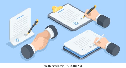 Isometric vector male hand signing a document and shaking hands, in color on a blue background, signing an agreement or contract