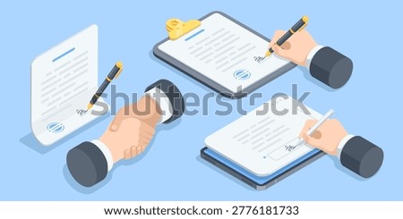 Isometric vector male hand signing a document and shaking hands, in color on a blue background, signing an agreement or contract