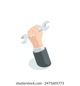 isometric vector male hand with a wrench, in color on a white background, foreman or technical support