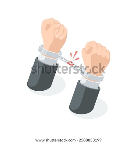 isometric vector male hands in handcuffs connected by chain, in color on a white background, restricted person or prisoner and desire for freedom