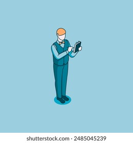 isometric vector male waiter with notepad and pen linear icon, in color on blue background, city people or restaurant worker