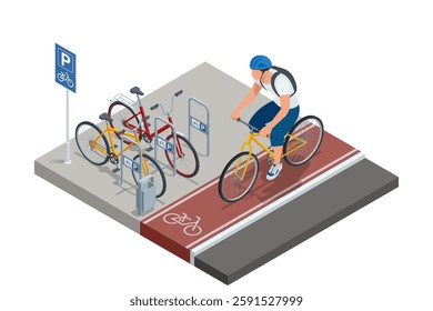 Isometric vector of a man cycling on a bike path near a bicycle parking zone filled with colorful bikes. The cyclist is wearing a helmet and backpack, riding a yellow bicycle. Bicycle, bike, path