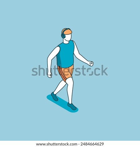 isometric vector man jogging with headphones, in color on a blue background, sporty lifestyle or workout