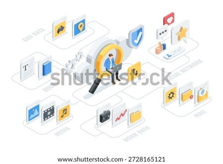 Isometric vector man with laptop sitting in cloud on magnifying glass and icons of stored data, in color on white background, working with data in the cloud