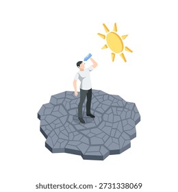 Hombre de Vector isométrico que traga la última gota de agua de una botella en calor extremo en tierra agrietada, en color sobre un fondo blanco, sed y falta de agua