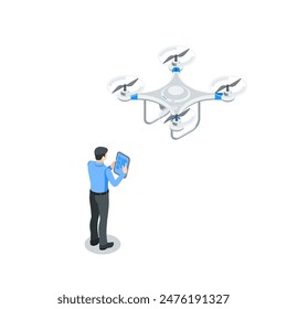 isometric vector man with a tablet controls a flying drone, in color on a white background, modern technology or drone launch