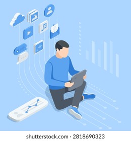 Isometric vector man with a tablet and icons around him, in color on a blue background, statistics of spending time on social networks and working with media