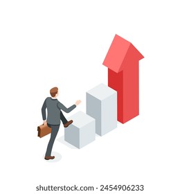 isometric vector man walking growing chart with arrow, in color on white background, steps to business success or winning strategy