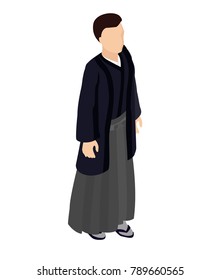 Isometric vector man walking oriental traditional kimono hakama haori walking man japan