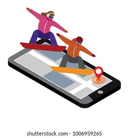 Isometric vector man and woman hav boarding in city. Urban style and hot tricks in park. Videos and photos keeped in phone memory. Snowboarding, winter sport. Olimpic games, activity speed extreme