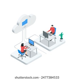 isometric vector man and woman working at a computer connected via a network to the cloud, in color on a white background, office work with data stored in the cloud or working on a network